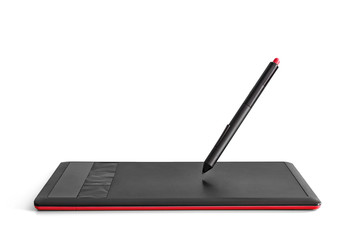 Black red graphics tablet and levitating stylus on a white background.