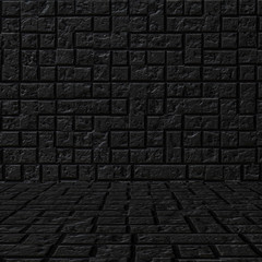Black brick stone tile wall pattern and seamless background