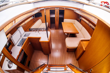 Boat interior. Yacht, holiday recreation, tourism, travel and vacation concept