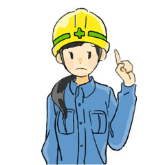 青い作業着とヘルメットの女性　人差し指を立てる