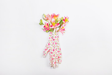 female glamorous set garden pink gloves flowers