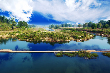Fototapeta premium landscape with lake and blue sky
