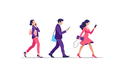 Young people walking. Humans strolling with smartphones, they are using their digital devices. Vector illustration.