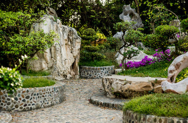Luxury landscape design of the tropical garden. Beautiful view of tropical landscape