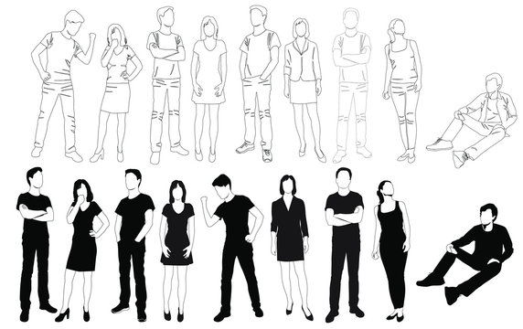 Vector silhouettes men and women standing and sitting, different poses, group business people,  linear sketch,  black color, isolated on white background
