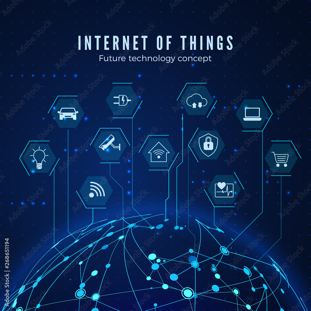 Poster Internet of things. IOT concept. Global network connection. Monitoring and control smart systems. Vector illustration