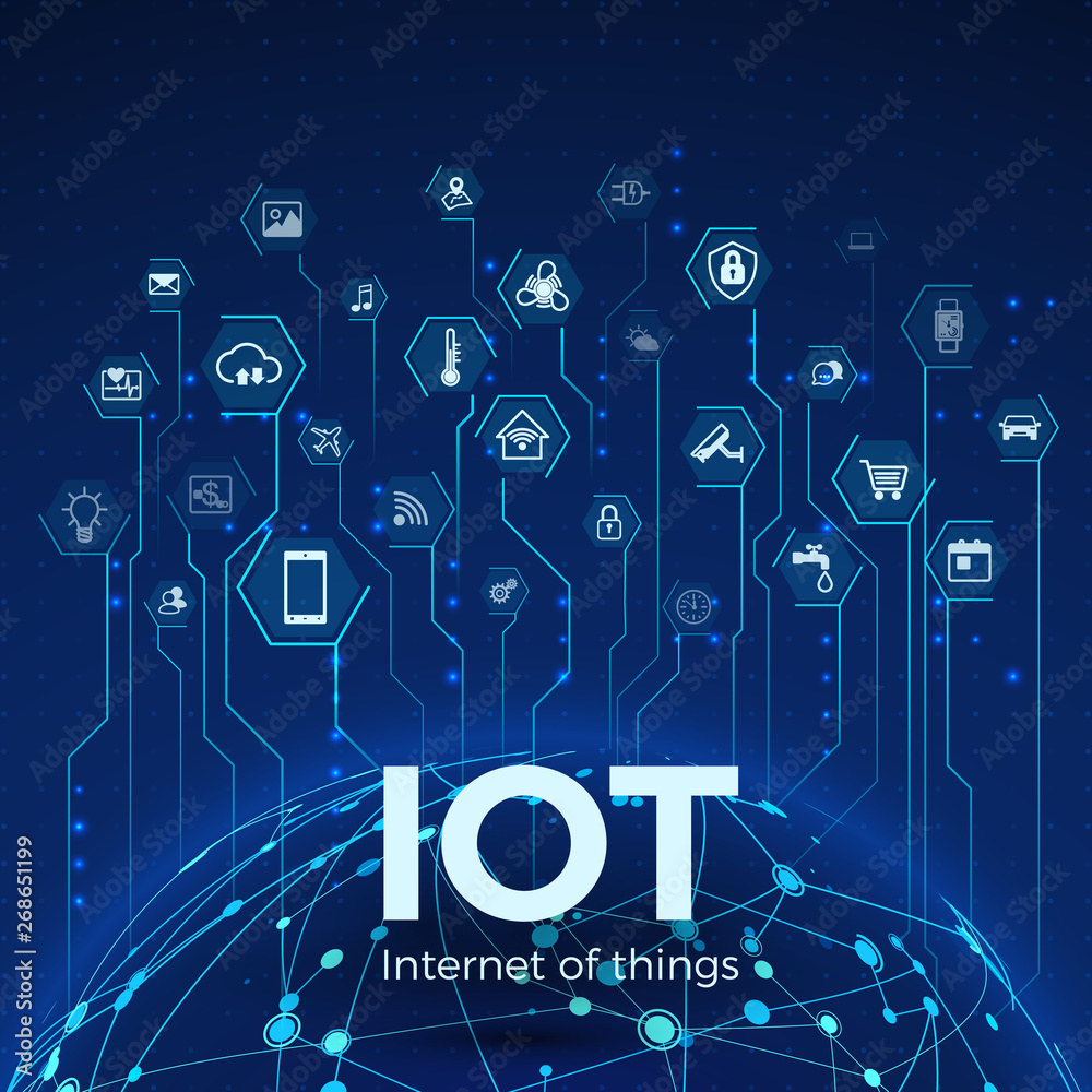 Poster internet of things. iot icons concept. global network connection. monitoring and control smart syste