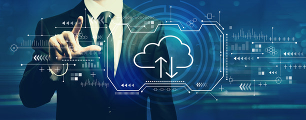 Cloud computing with businessman on a dark blue background