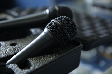 microphone on a black background in soft focus blur