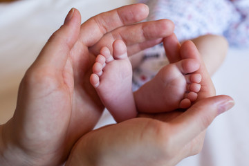 Children's feet in the hands of parents