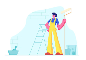 Home Repair Worker with Roller for Wall Painting. Professional Construction Master in Uniform Overalls Stand on Background with Ladder, Paint Buckets and Equipment . Cartoon Flat Vector Illustration