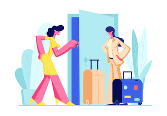 Woman Owner Giving Key from Home to Female Guest with Baggage. Happy Young Woman Traveler Going to Rent Apartment for Leisure. Travel, Tourist Rent Flat for Vacation. Cartoon Flat Vector Illustration