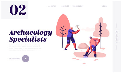 Archeology Specialists Remove Soil Layer with Shovel and Pickaxe, Scientists Working on Excavations Exploring Ancient Artifacts Website Landing Page, Web Page. Cartoon Flat Vector Illustration, Banner