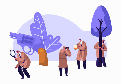 Police Detectives, Private Investigators at Work Solving Crimes. Top Secret Undercover Agents, Spies in Classic Hats and Cloaks Investigating with Magnifier Glass and Gun. Flat Vector Illustration
