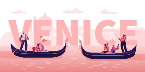 Love in Venice Concept. Happy Couples in Gondolas with Gondoliers Floating at Canal, Hugging, Making Photo. Romantic Tour in Italy Poster, Banner, Flyer, Brochure. Cartoon Flat Vector Illustration © Pavlo Syvak