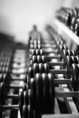 Rows of dumbbells in the gym with hign contrast