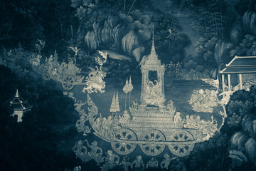 Bangkok, Thailand - May 19, 2019: The Ramakian (Ramayana) mural paintings are black and white color isolated wall pattern along the galleries of the Temple of the Emerald Buddha, grand palace  © Weerayuth