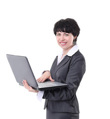 smiling business woman with laptop. isolated on white