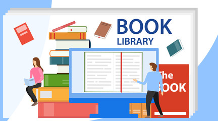 Media book library concept. Vector illustration of online library. E-book, reading an ebook to study on e-library