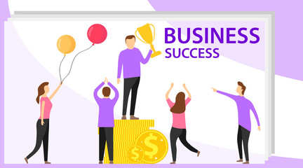 Business success. Businessman cost on money and holds a gold cup. Vector illustration of business