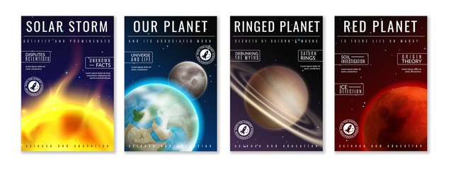 Space posters. Spaceman travelling, astronaut exploring in outer space, universe trip cover fanciful galaxy vector images © YummyBuum