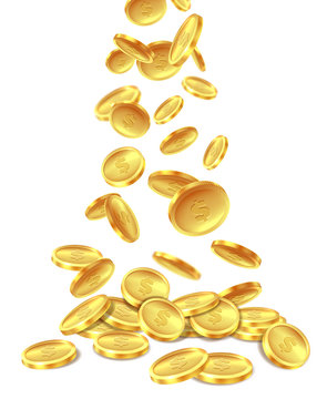 Gold coins pile. Golden coin money heap cash wealth, flying metal dollars treasure piles. Casino jackpot win bonus, vector image