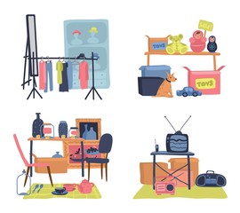 Flea market sale. marketing colorful hipster clothes and accessories, second hand stuff and furniture store vector flat illustration