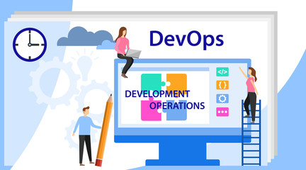 Devops at work concept. DevOps, Development and Operations. Vector illustration Concept with people using DevOps software for social media. Programmer, user administrator, professional