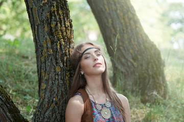 close up. portrait of a dreaming hippie girl