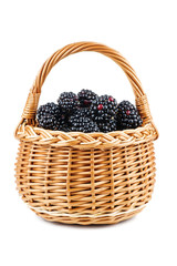 Fototapeta na wymiar Blackberries in wicker basket isolated on white background