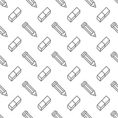 Seamless pattern with pencil, eraser line icons. Work tools background, writing illustration. Black white wallpaper for stationery sale brochure