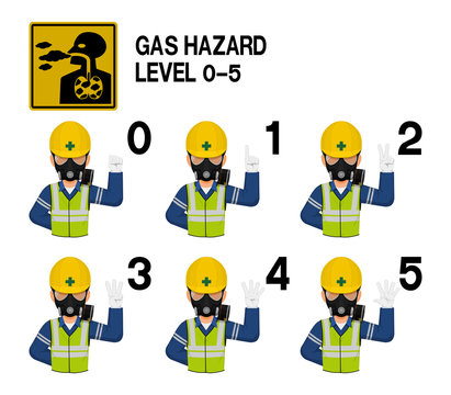 Set of industrial worker with gas mask is gesturing hand sign (0-5)