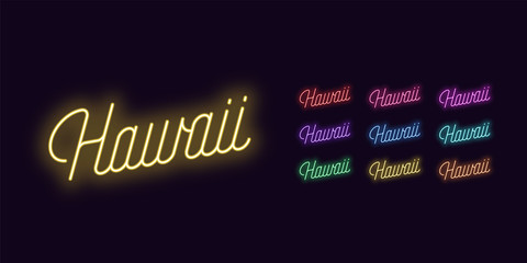 Neon lettering of Hawaii name. Neon glowing text