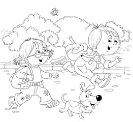 Little boy's day. Schedule. Little boy and girl are playing football. Coloring book. Coloring page. Illustration for children. Cute and funny cartoon characters