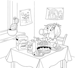 Little boy's day. Schedule. Little boy and girl are playing football. Coloring book. Coloring page. Illustration for children. Cute and funny cartoon characters