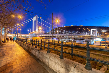 Twilight View of Elisabeth Bridge and Citadella, Budapest, Hungary from Danube Promenade pedestrianised waterside walkway.