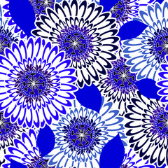 abstract flowers of gray and blue colors with dark blue leaves