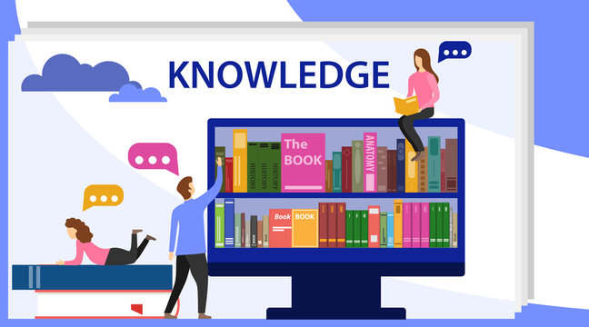 Knowledge concept. A man pulls a book from the computer screen. Men and women read books. Book library with people. Education and knowledge concept