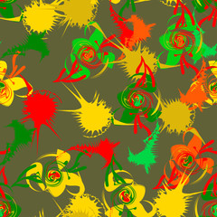 abstract orange and red paint spots on a light green background