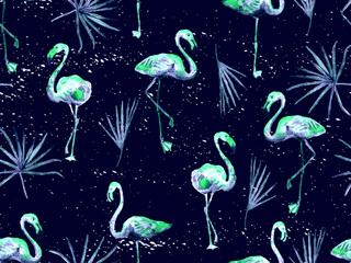 Large flamingo green hawaiian seamless pattern.