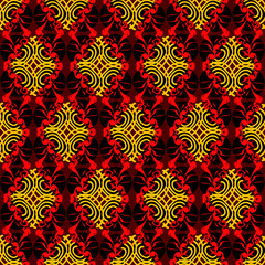 Abstract yellow and red ornaments on a dark red background