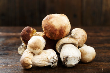 Ceps Boletus edulis over Wooden Dark Background, close up on wood rustic table. Cooking delicious organic mushroom.