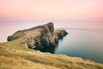 Neist Point Lighthouse - Isle of Skye, Scotland, beautiful cliffs of Highlands of Scotland at dusk