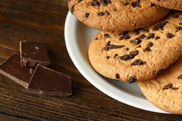 chocolate chip cookies in a plate.