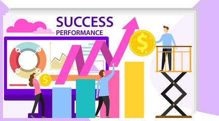Success and motivation. Business team success flat poster. Ambition as climb graph or achievement of goal. Consulting a commercial column as a step