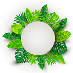 Fototapeta na wymiar Green summer tropical background with exotic leaves and paper round shape frame. Place for text. Vector illustration for poster, web, flyers, invitation, sale, ecological concept, wedding.