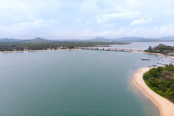 Scenic landscape of big river and reservoir dam with mountain and nature forest