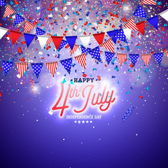 Obraz premium 4th of July Independence Day of the USA Vector Illustration. Fourth of July American national Celebration Design with Flag and Stars on Blue and White Confetti Background for Banner, Greeting Card