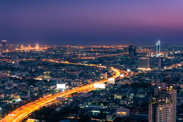 Fototapeta premium Aerial panoramic view of Bangkok cityscape at night