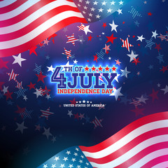4th of July Independence Day of the USA Vector Illustration. Fourth of July American national Celebration Design with Flag and Stars on Blue and White Confetti Background for Banner, Greeting Card